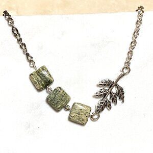 2/$20 Dark Green Serpentine Leaf Branch Necklace,Genuine Gemstone StainlessChain
